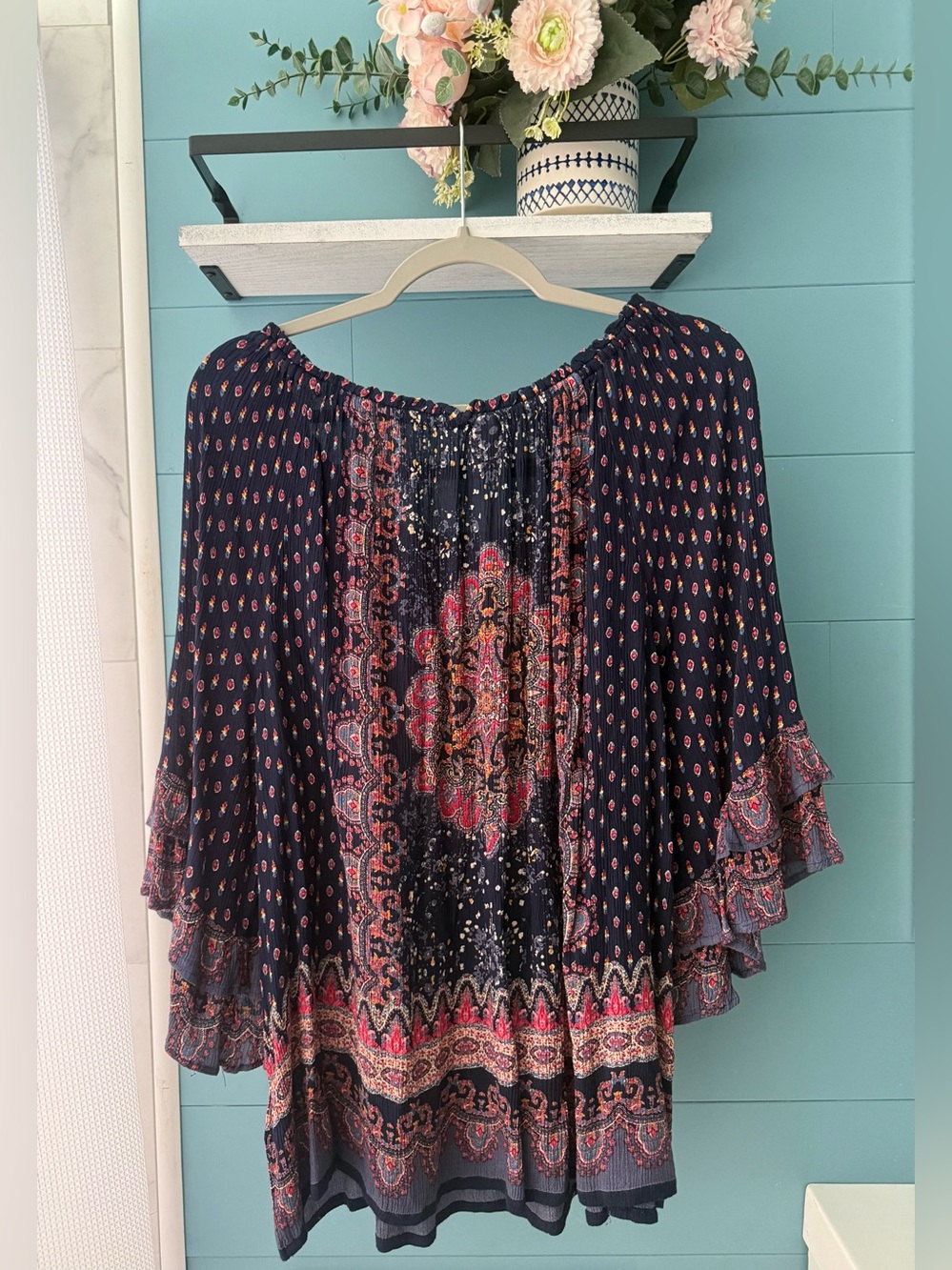 Bila Boho Peasant Top Navy Paisley Bell Sleeve Tassel Blouse Flowy - Size XL - Picture 5 of 8